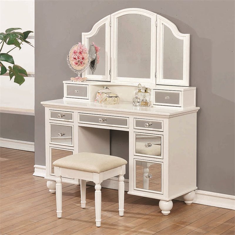 Coaster Reinhart 2-piece Wood Vanity Set with Stool White and Beige ...