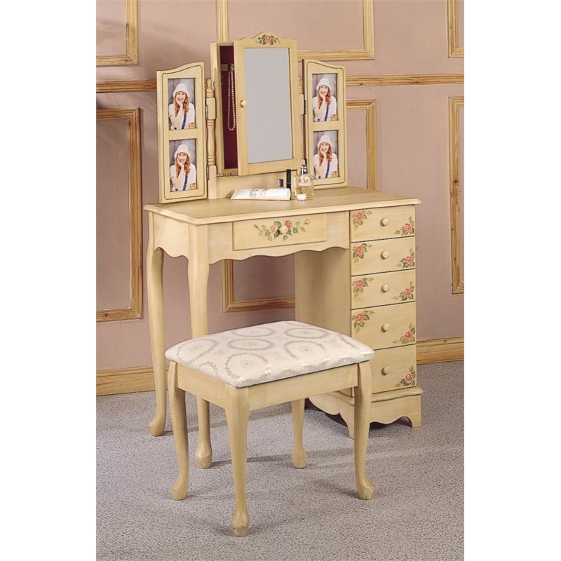 Coaster Hand Painted Wood Makeup Vanity Table Set with Mirror in Ivory 