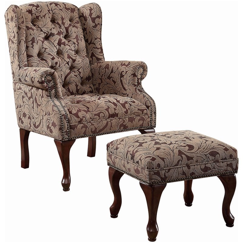 Coaster Tufted Wing Back Accent Chair and Ottoman in Brown - 3932B