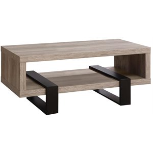 coaster rectangular wood and metal coffee table with shelf in gray driftwood