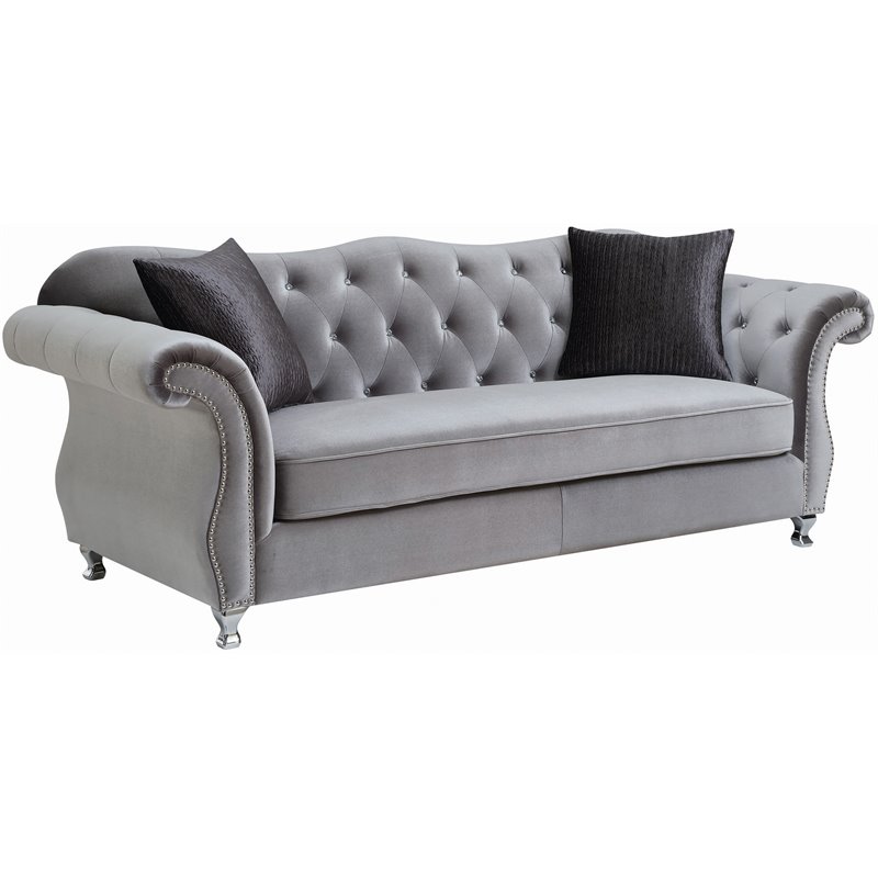 Coaster Contemporary Upholstery Button Tufted Velvet Sofa in Silver