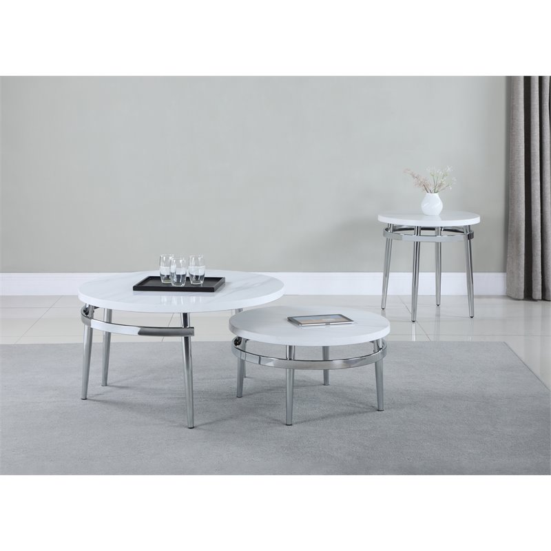 Coaster Home Furnishings Round White and Chrome Nesting Coffee Table