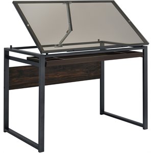 coaster pantano glass top drafting desk in dark gunmetal and chestnut