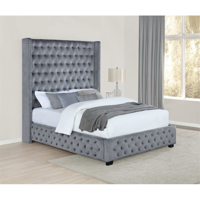 Coaster Rocori Wingback Upholstered Tufted Velvet Queen Bed in Gray