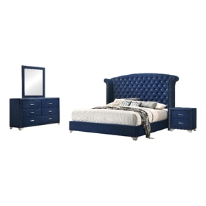 Coaster 4-Piece Contemporary Velvet Queen Bedroom Set in Blue