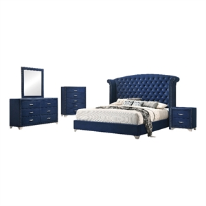 Coaster 5-Piece Contemporary Velvet California King Bedroom Set in Blue