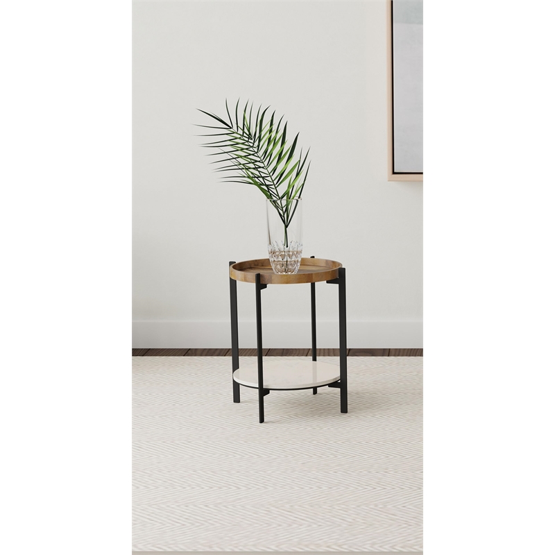 Adhvik Round End Side Table Marble Shelf Natural and Black