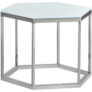 coaster hexagon glass top accent table in white and silver