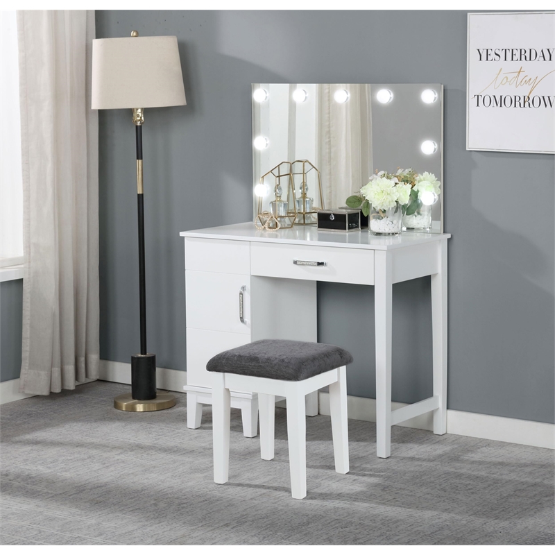 Elijah Vanity Set with Lighting & Stool White and Dark Grey