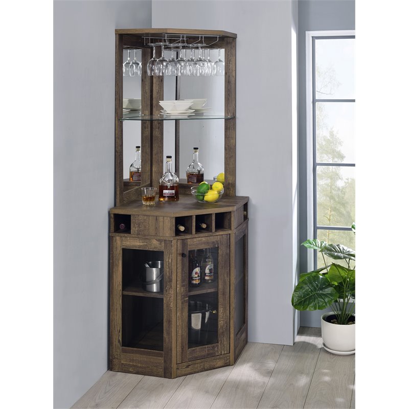 Coaster Corner Bar Cabinet With Stemware Rack In Rustic Oak Cymax Business Coaster Corner Bar Cabinet With, Corner Bar Cabinet With Wine Storage
