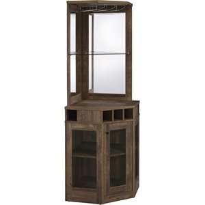 coaster farmhouse wood corner bar cabinet with stemware rack in oak
