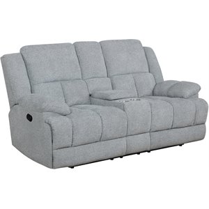 coaster waterbury upholstered motion loveseat with console in grey