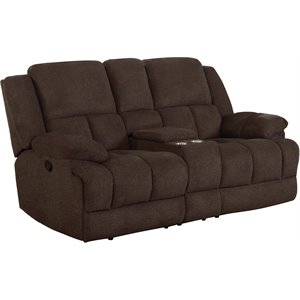 coaster waterbury upholstered motion loveseat with console in brown