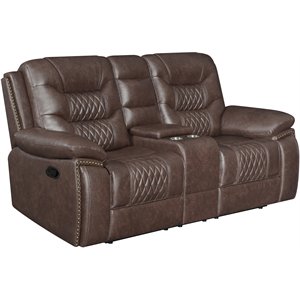 coaster flamenco tufted upholstered motion loveseat with console in brown