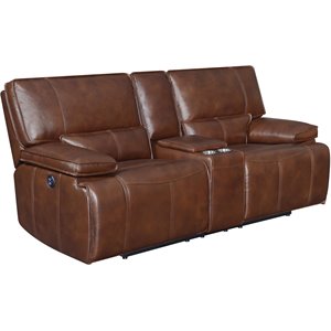 coaster southwick pillow top arm power loveseat with console in saddle brown