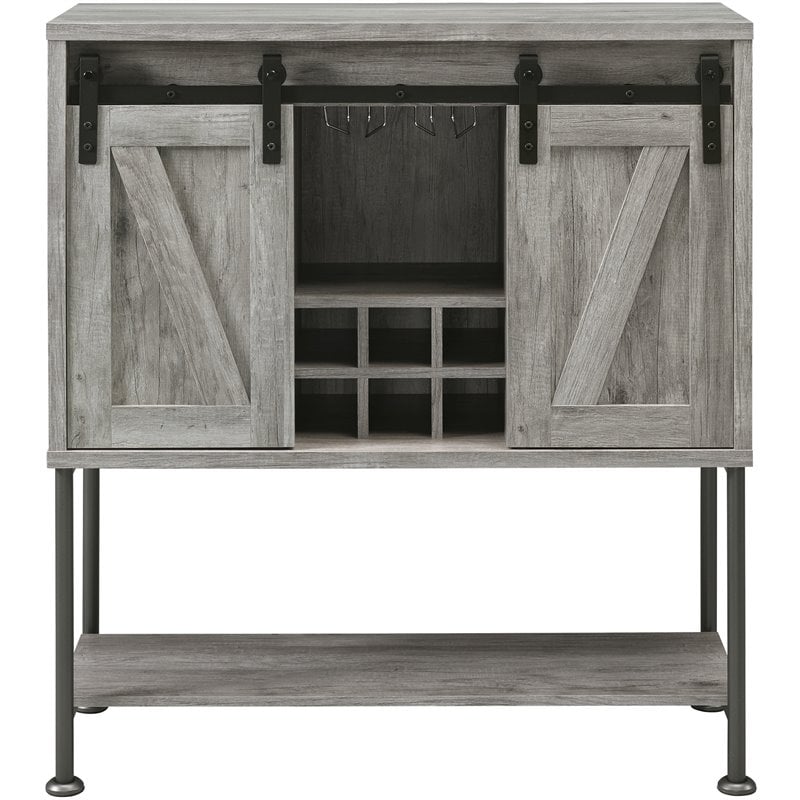 Coaster Sliding Door Bar Cabinet with Lower Shelf in Grey Driftwood