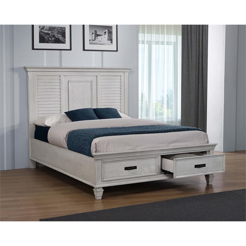 Franco Wood Queen Storage Panel Bed Distressed White