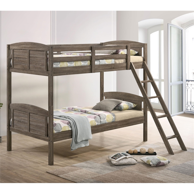Flynn Wood Twin Over Twin Bunk Bed Weathered Brown