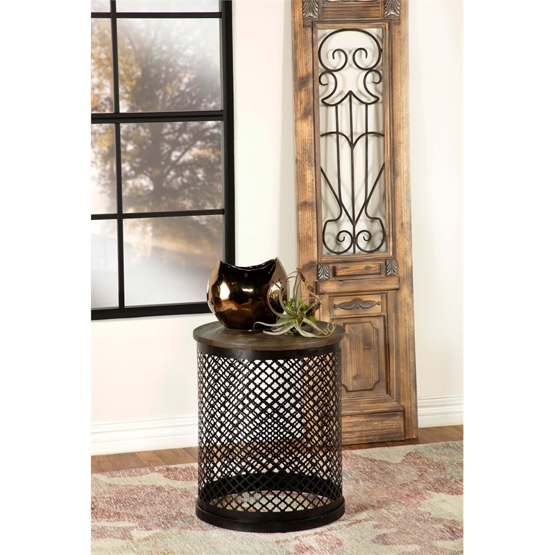 Aurora Round Drum Base Accent Side Table Natural and Black