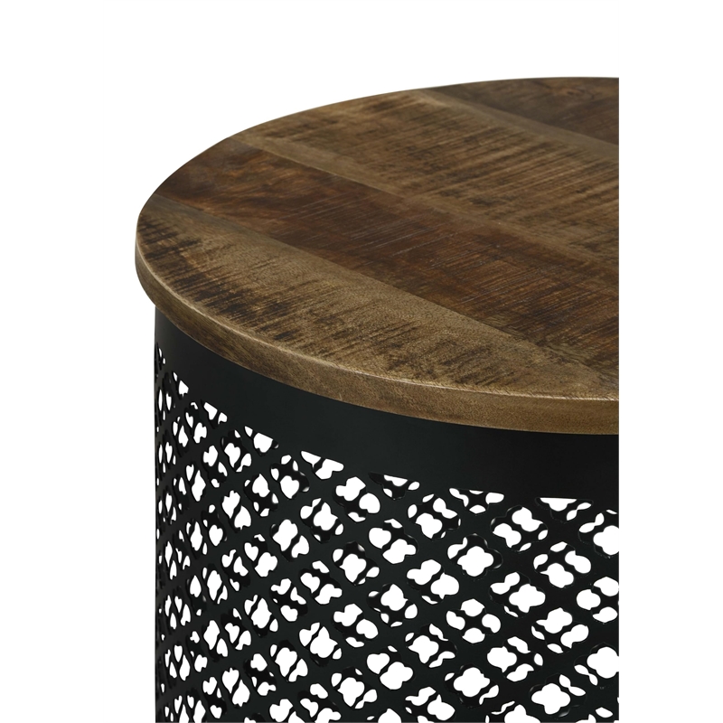 Aurora Round Drum Base Accent Side Table Natural and Black