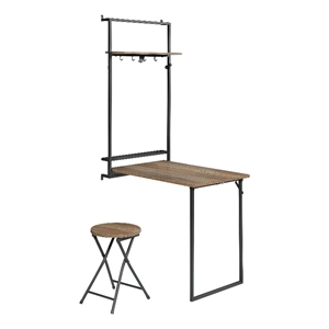 coaster riley metal folding wall desk with stool in sandy black/rustic oak