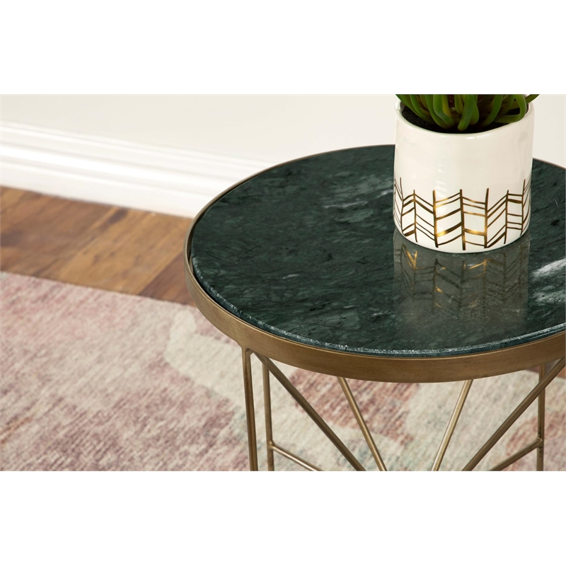 Eliska Round Green Marble Top Accent Side Table Antique Gold