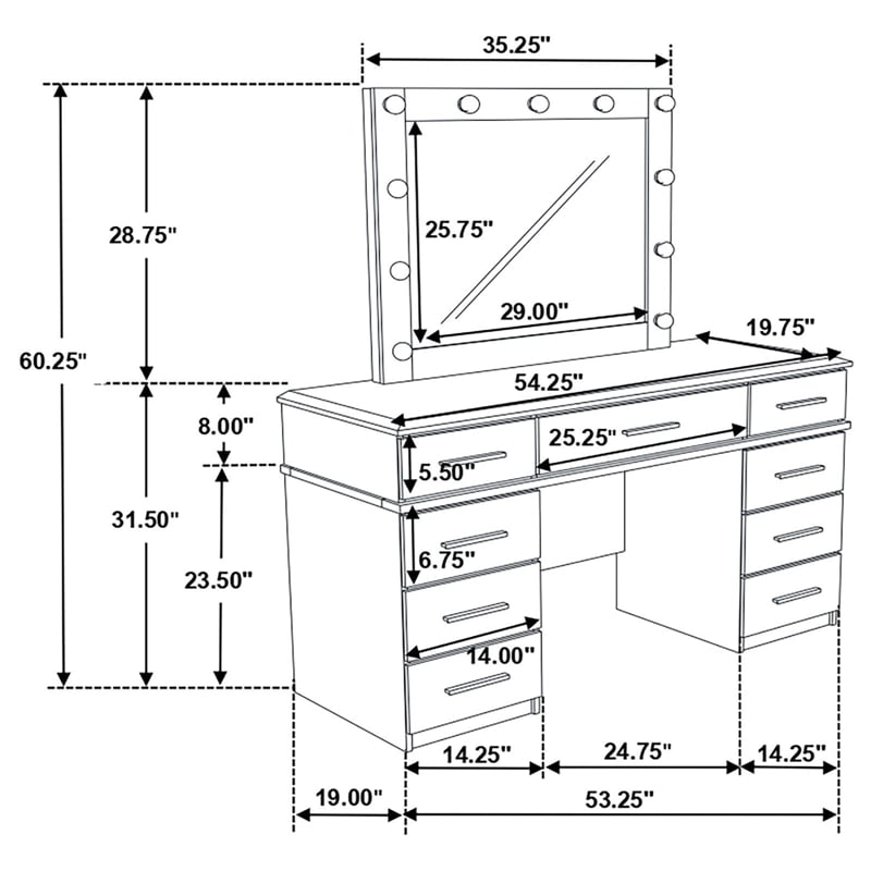 Coaster Felicity 9-drawer Wood Vanity Desk with Lighted Mirror Glossy White