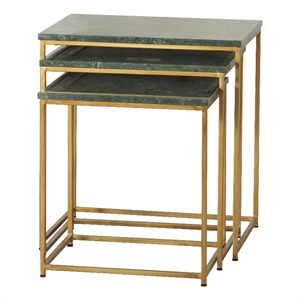 3-piece nesting table with marble top green and antique gold