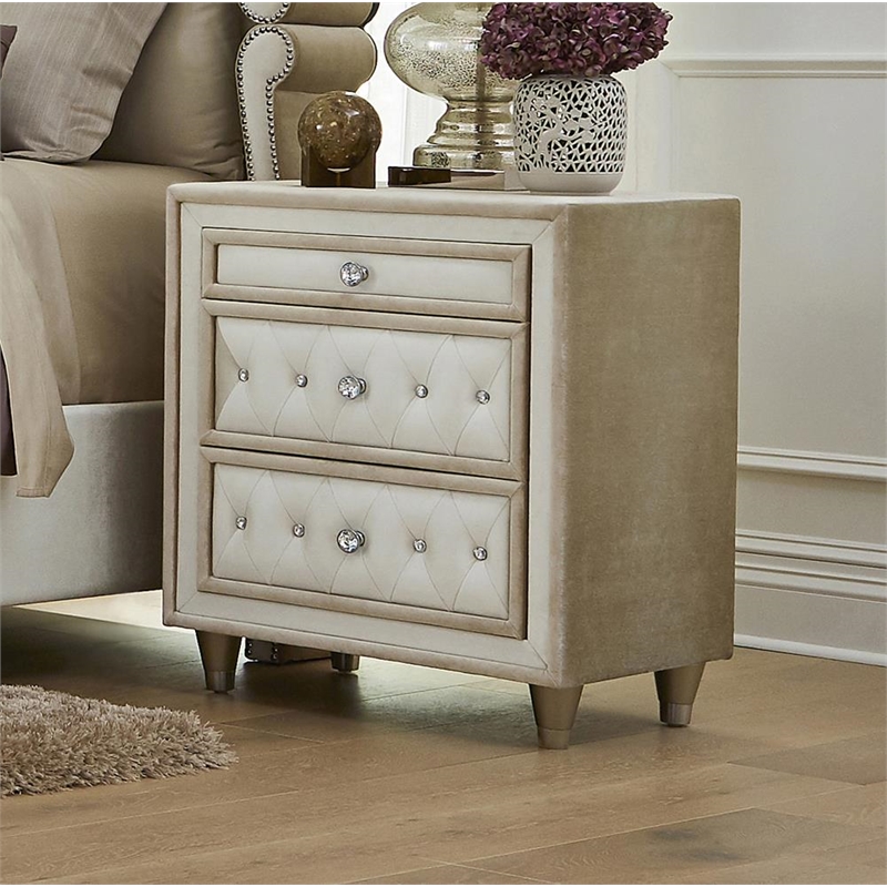 Antonella Upholstered 3-drawer Nightstand Ivory and Camel