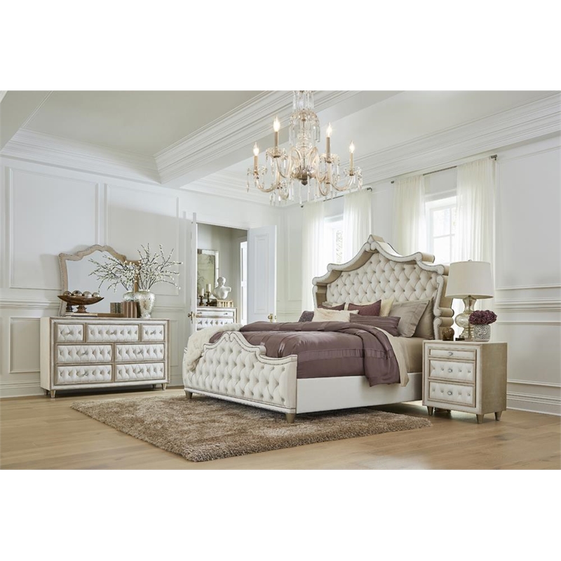 Antonella Upholstered Queen Panel Bed Ivory and Camel