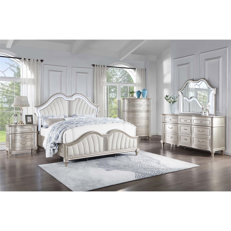 Evangeline Wood Eastern King LED Panel Bed Silver Oak