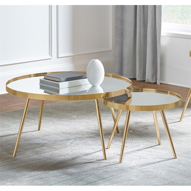 Kaelyn 2-piece Round Mirror Top Nesting Coffee Table Gold