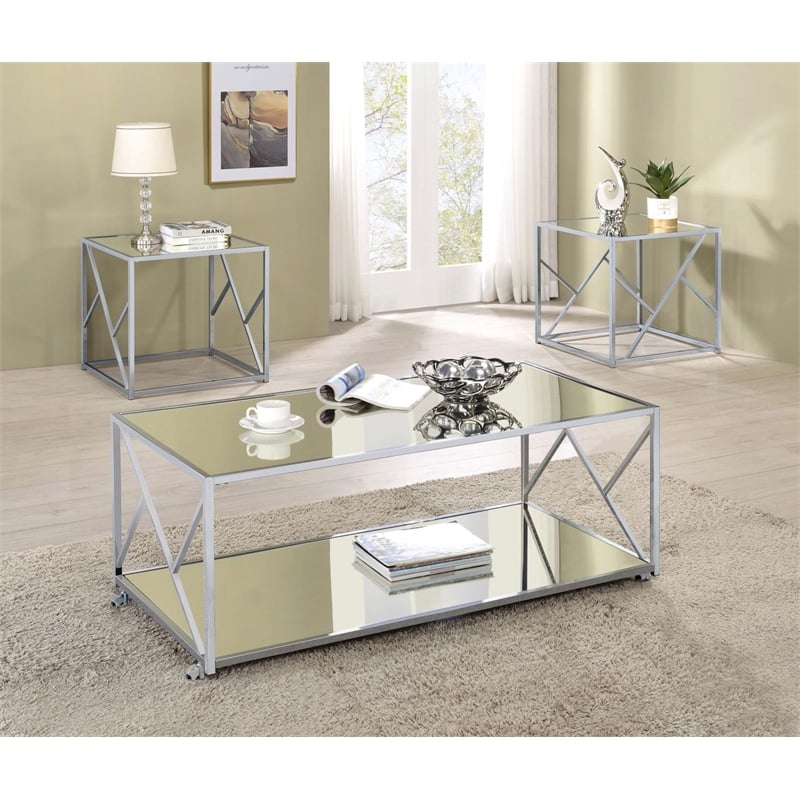 Coaster Provins 3-piece Metal Occasional Table Set Clear Mirror and Chrome