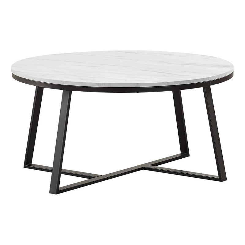 Round Faux Marble Coffee Table White and Matte Black