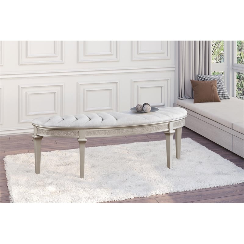 Evangeline Curved Fabric Upholstered Bench Silver Oak