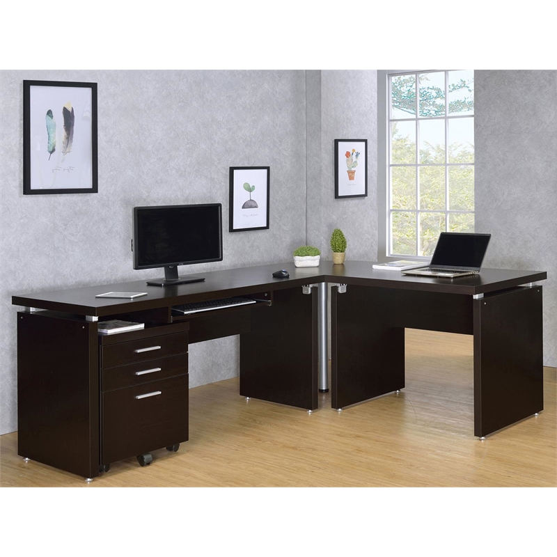 Skylar L-Shape Desk with Mobile File Cabinet Cappuccino