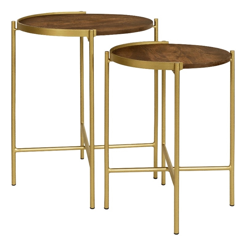 Malka 2-piece Round Wood Nesting Table Dark Brown and Gold