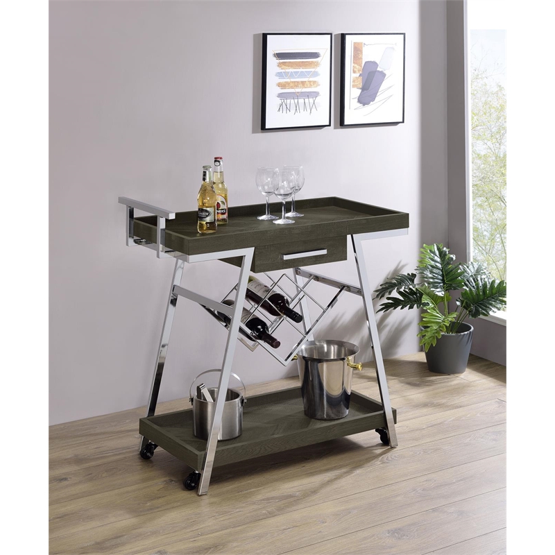 Coaster 1-Drawer Contemporary Wood Bar Cart with Shelving in Gray and Chrome