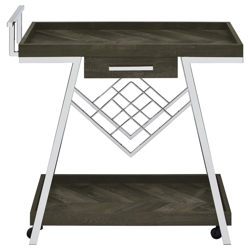 Coaster 1-Drawer Contemporary Wood Bar Cart with Shelving in Gray and Chrome
