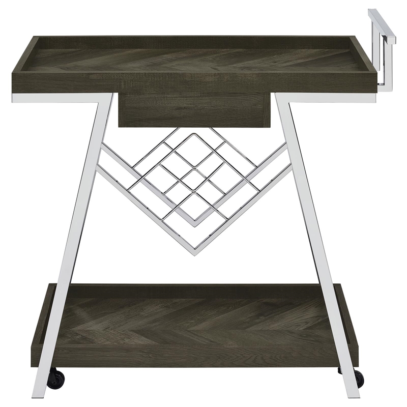 Coaster 1-Drawer Contemporary Wood Bar Cart with Shelving in Gray and Chrome