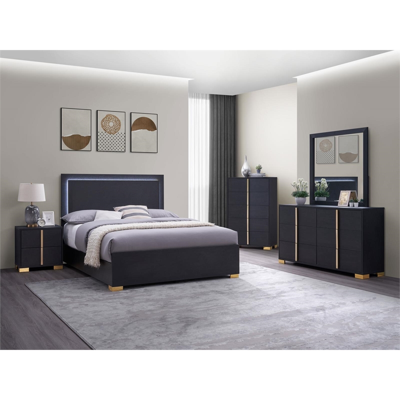 Marceline Wood Full LED Panel Bed Black