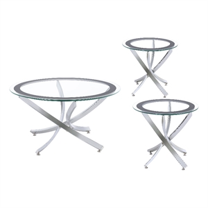 coaster 3-piece round glass top metal base coffee table sets chrome and black