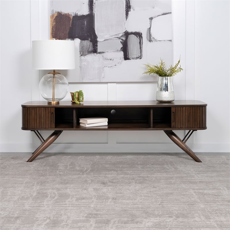 Valna Wood 71-inch TV Stand with Sliding Doors Walnut