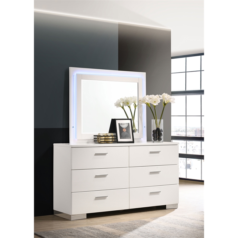 Felicity 6-drawer Dresser with LED Mirror White High Gloss