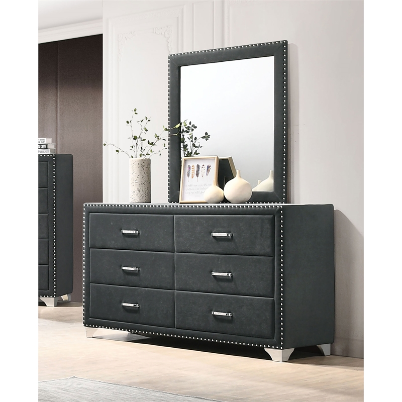 Melody 6-drawer Upholstered Dresser with Mirror Grey