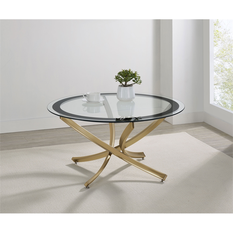 Brooke Round Glass Top Coffee Table Metal Base Brass