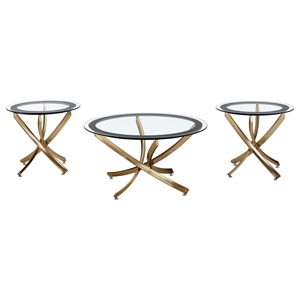 coaster brooke 3-piece round glass top coffee table set brass