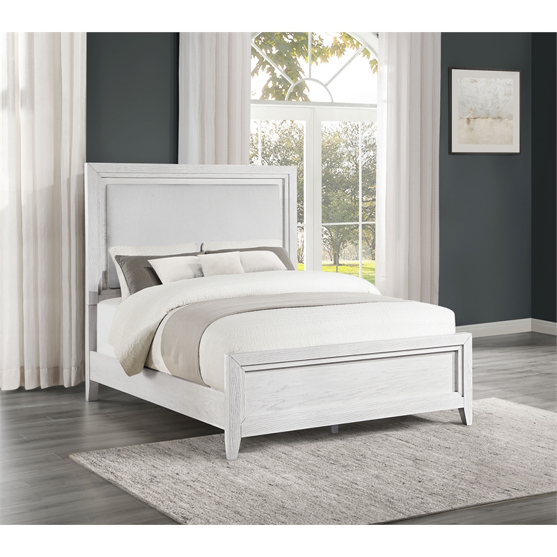 Marielle Eastern King Upholstered Panel Bed Distressed White
