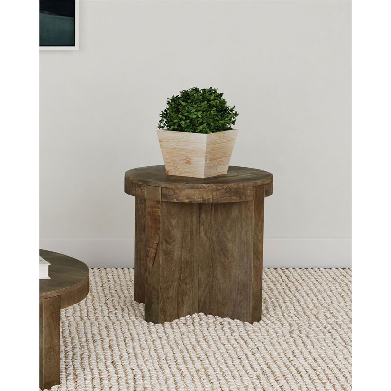 Kinkaid Round Solid Mango Wood End Table Brown
