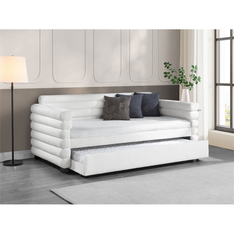 Patricia Boucle Upholstered Twin Day Bed with Trundle White